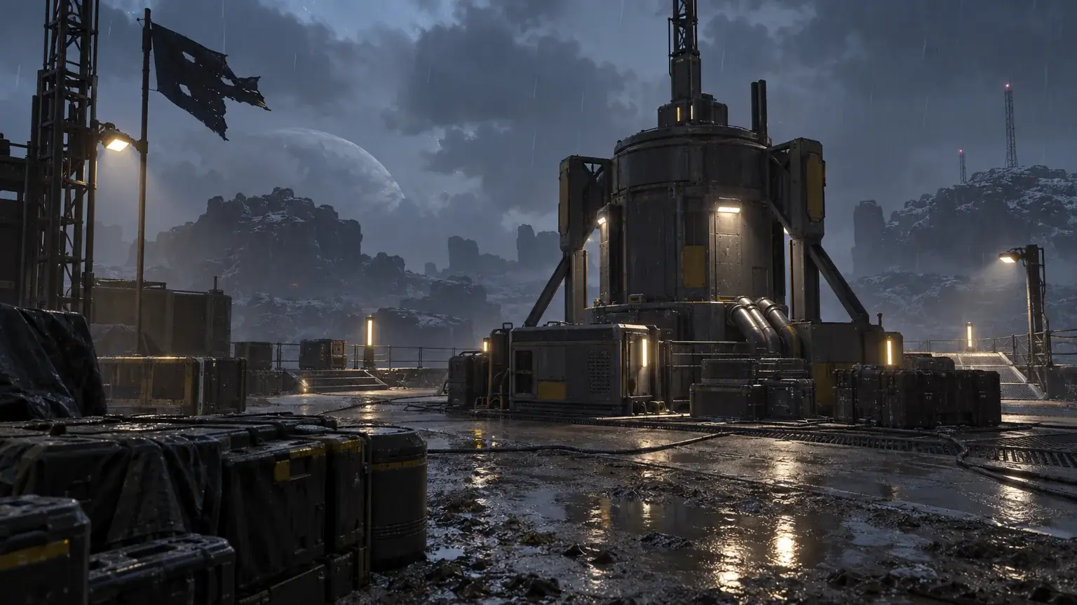 Helldivers 2-style illustration of a generator tower on a wet defence pad at night