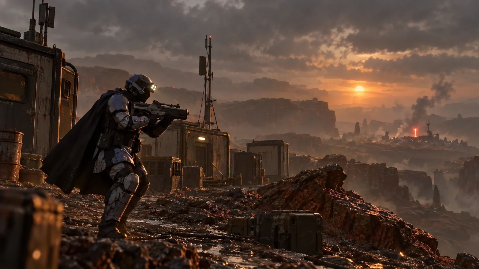 Helldivers 2-style illustration of a lone Helldiver aiming a rifle at an abandoned ridge outpost at sunset, smoke rising far across the valley