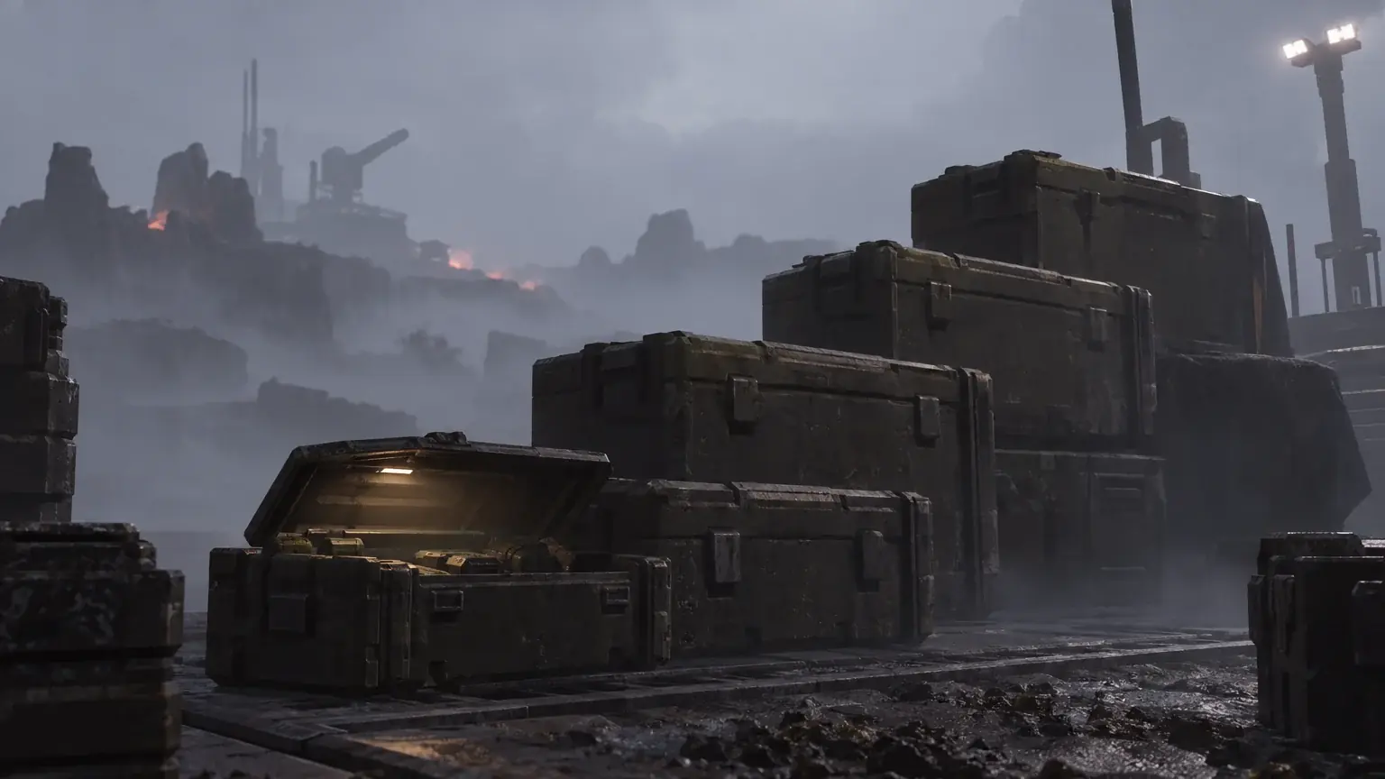 Stacked sealed equipment crates on a foggy platform, only the bottom one open.