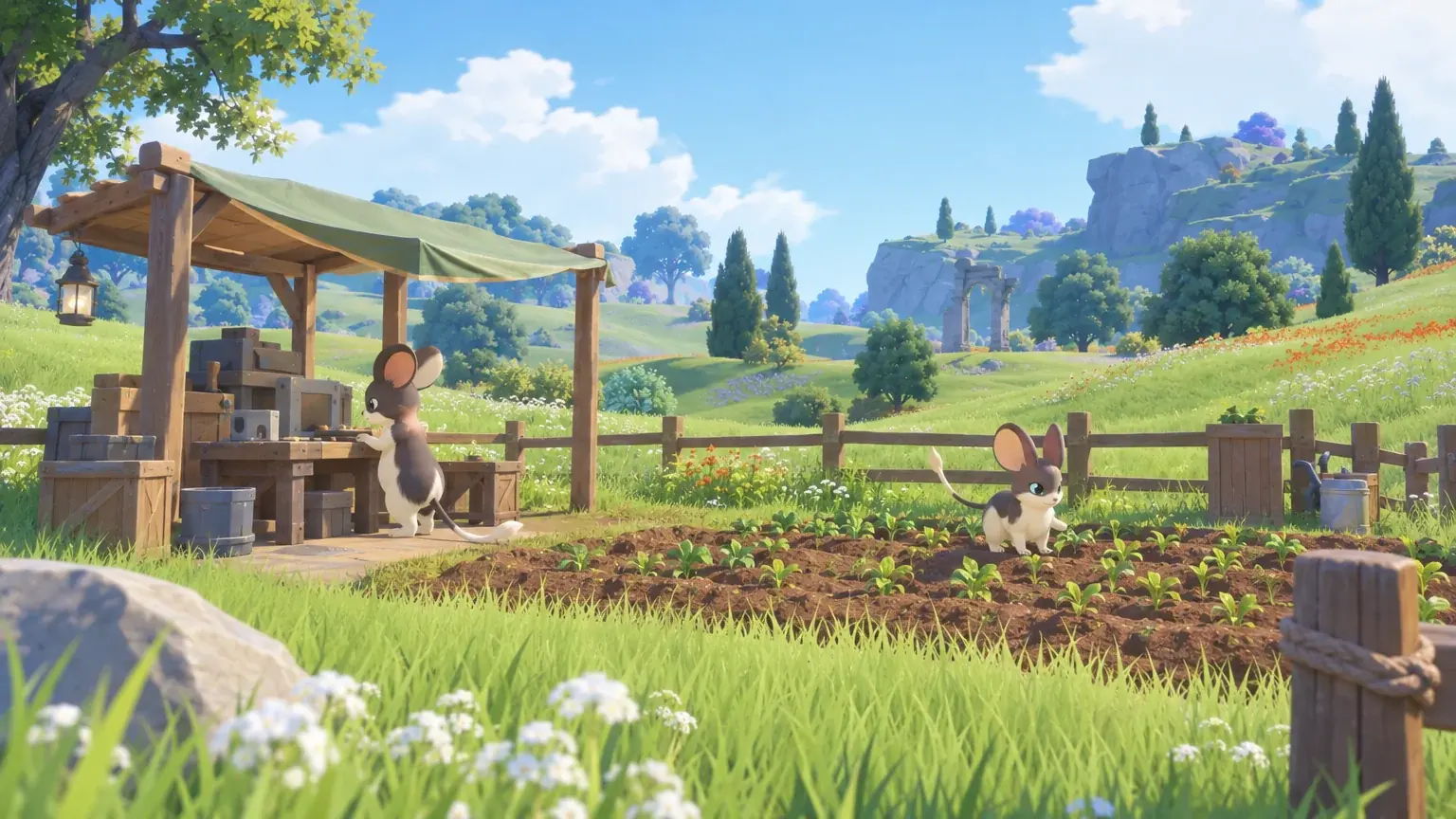 A farmland plot and crafting station with two small creatures working nearby.