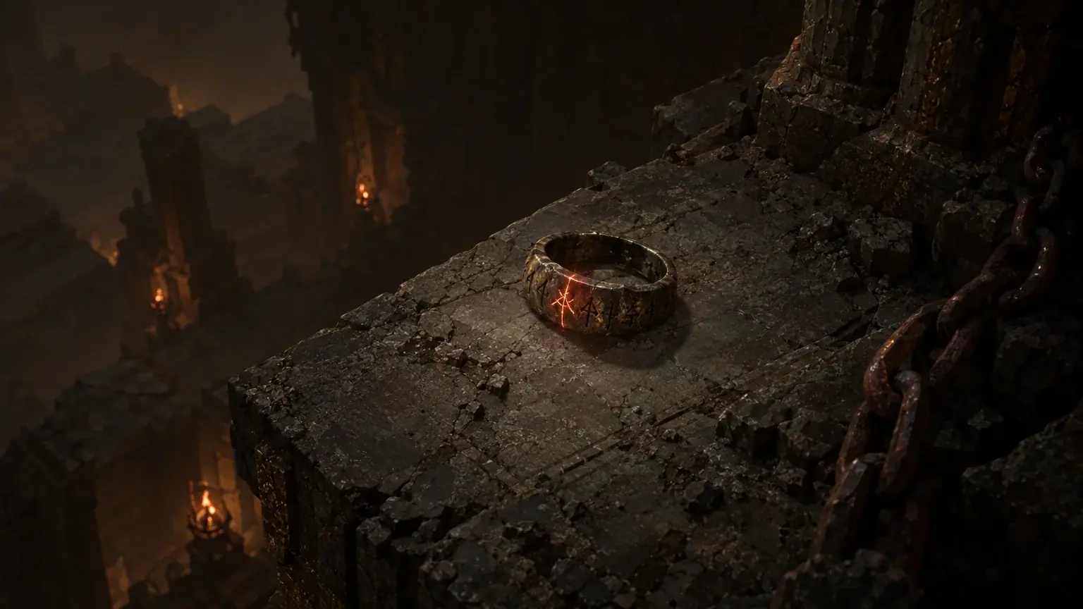 A ring with several engraved lines, one line glowing while the others remain dark.