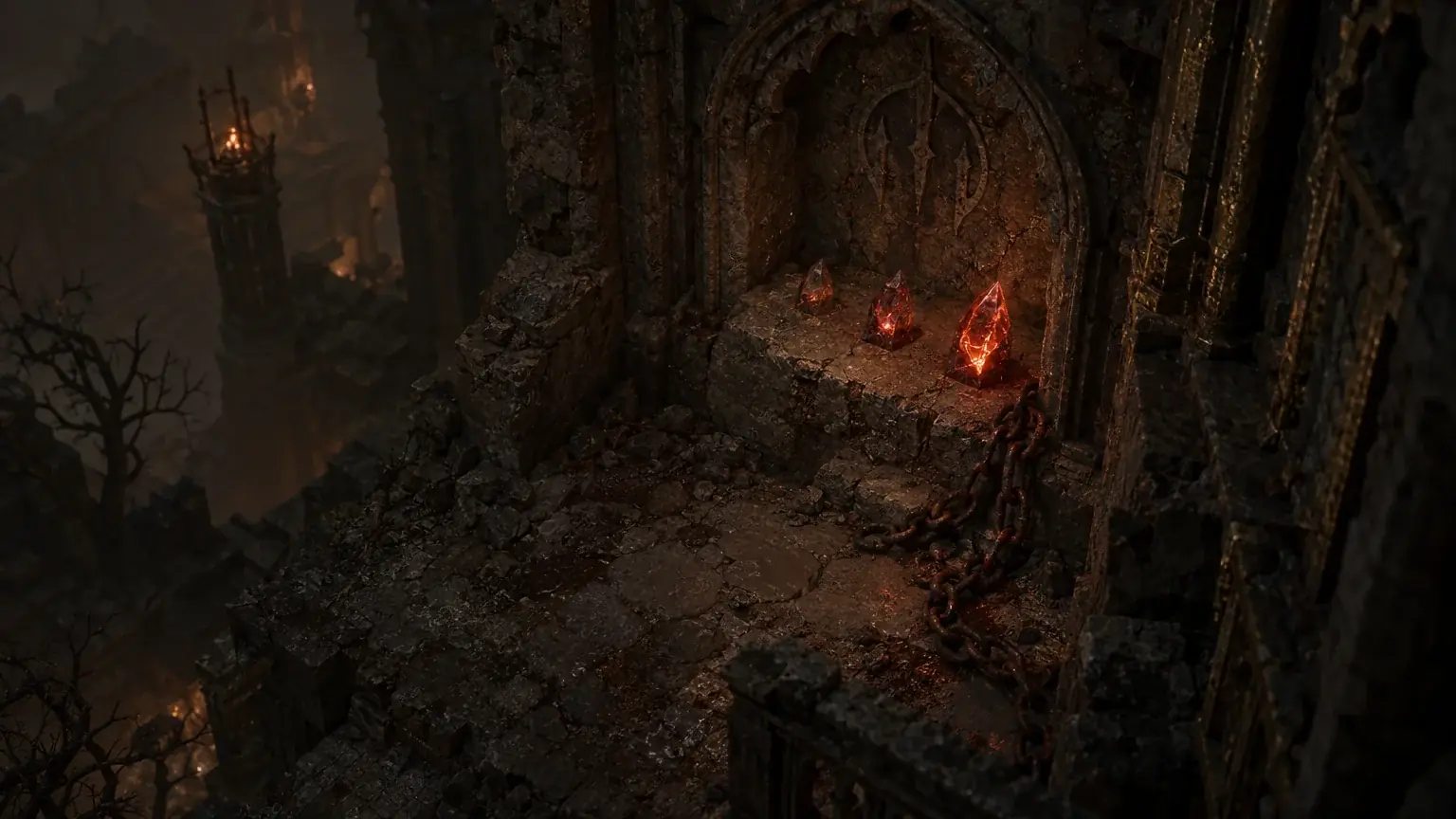 Three glowing crystalline splinters of increasing brightness arranged on cracked stone.