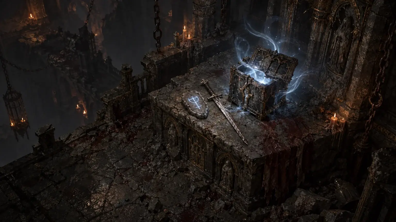 An iron cube with glowing seams sits on a stone ledge beside a plain blade and a carved rune.
