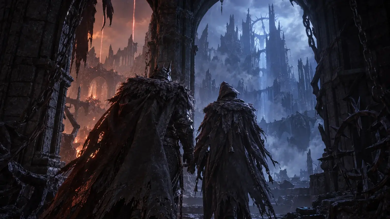 Two robed figures pass through a stone archway from firelight into cold blue moonlit ruins.