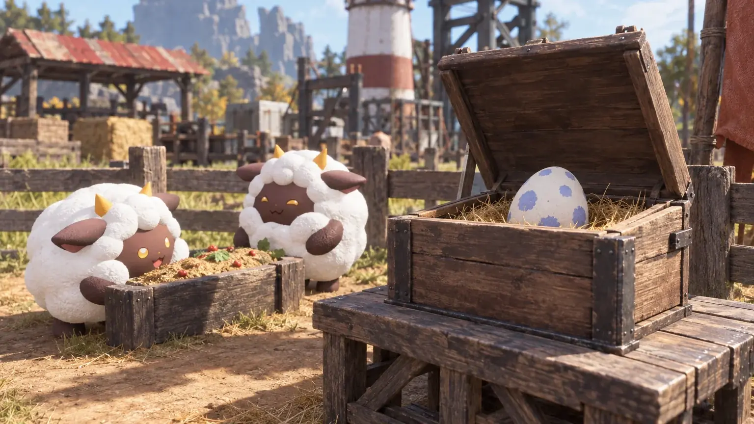 Wooden crate holds a spotted egg near two woolly creatures in a sunny farm pen.