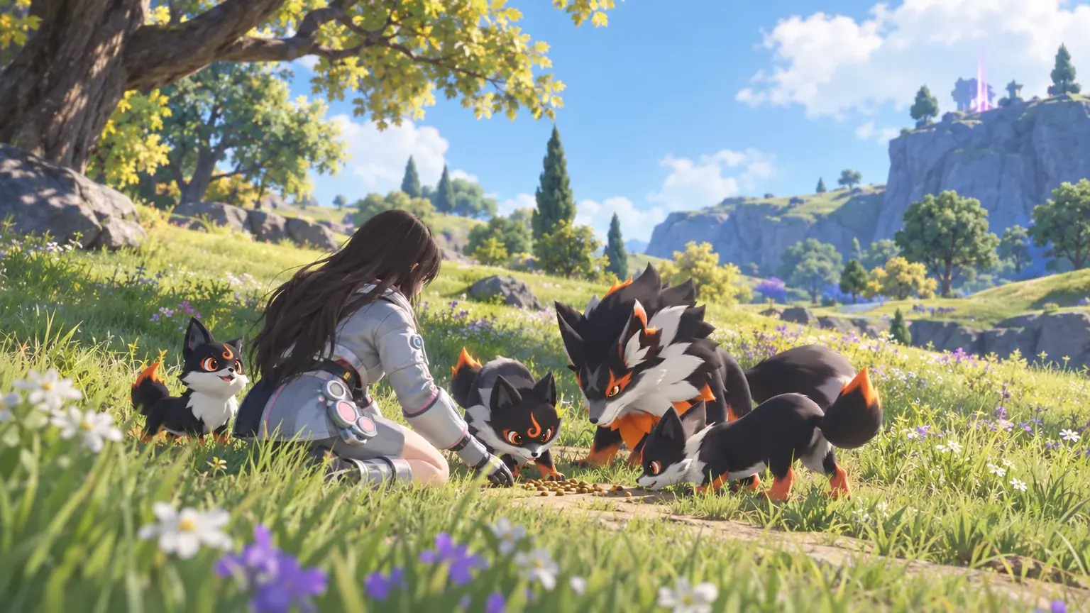 A trainer feeding several small fox Aniimo in a bright grassy clearing.