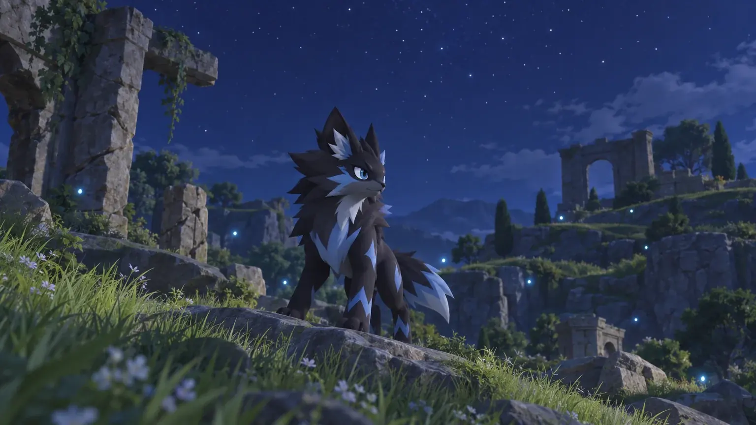 A dark, glowing-eyed Aniimo standing alone among ruined stones at night.