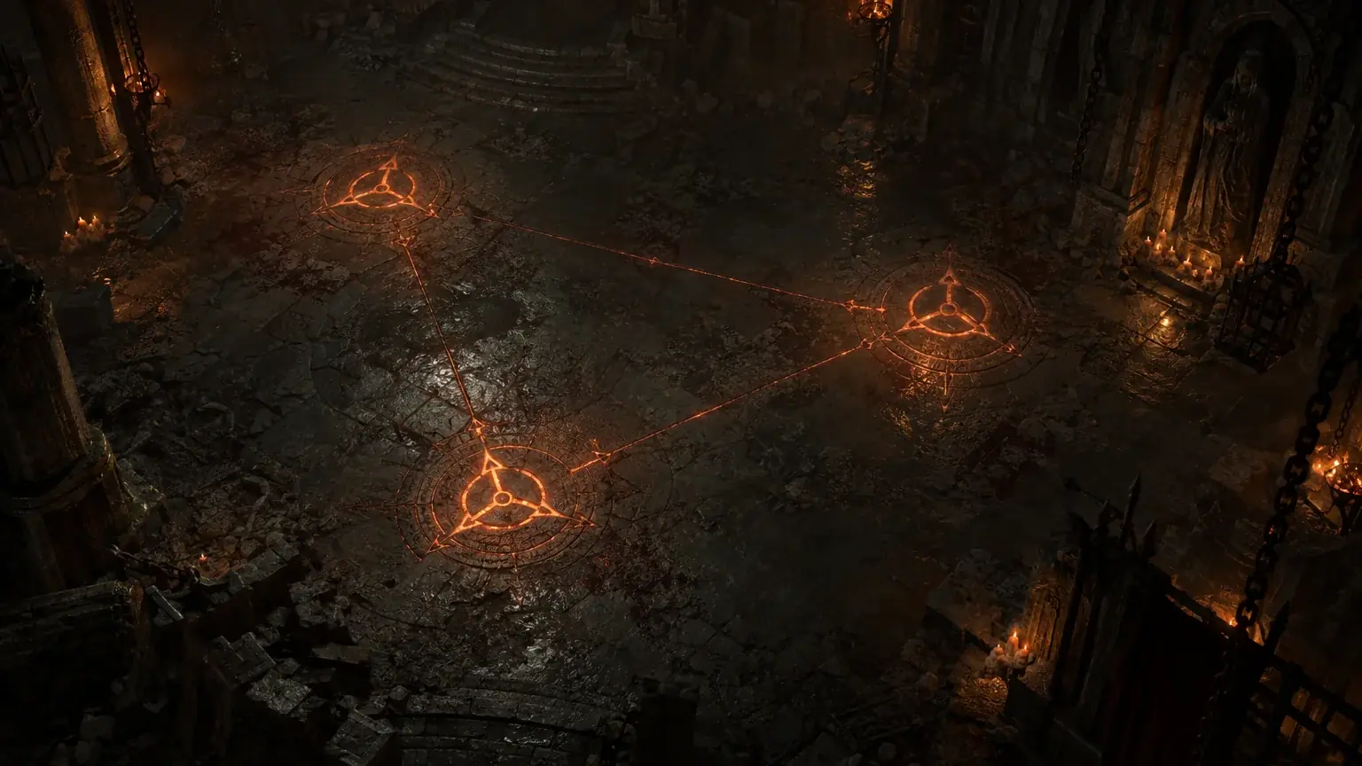 Three glowing floor sigils of the same design connected by a single line of light on cracked stone.