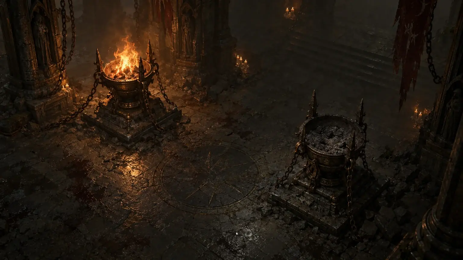 One lit brazier beside one cold, ash-filled brazier in a foggy stone hall.