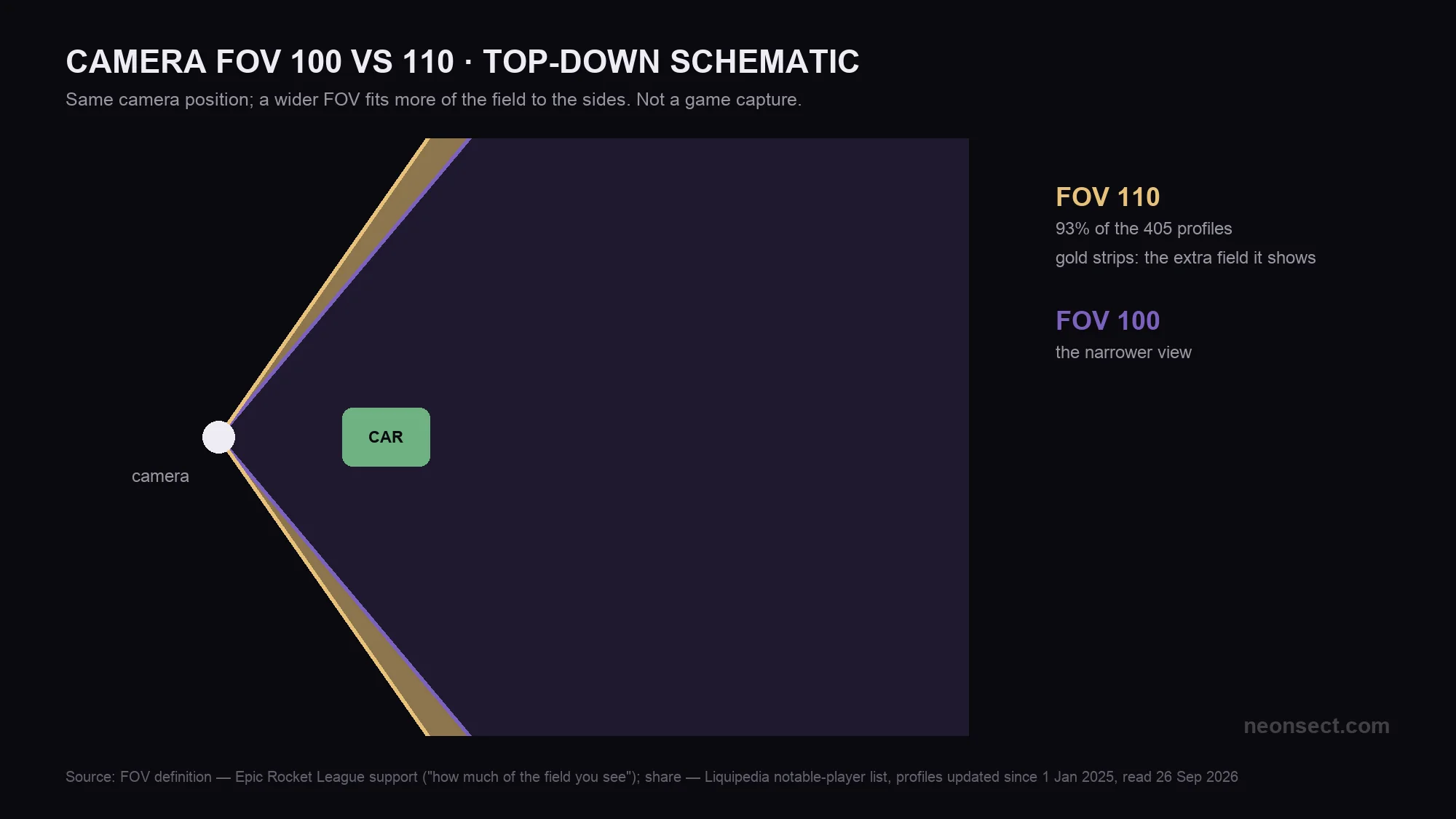 Top-down schematic: camera FOV 100 versus 110, with the extra side strips FOV 110 shows