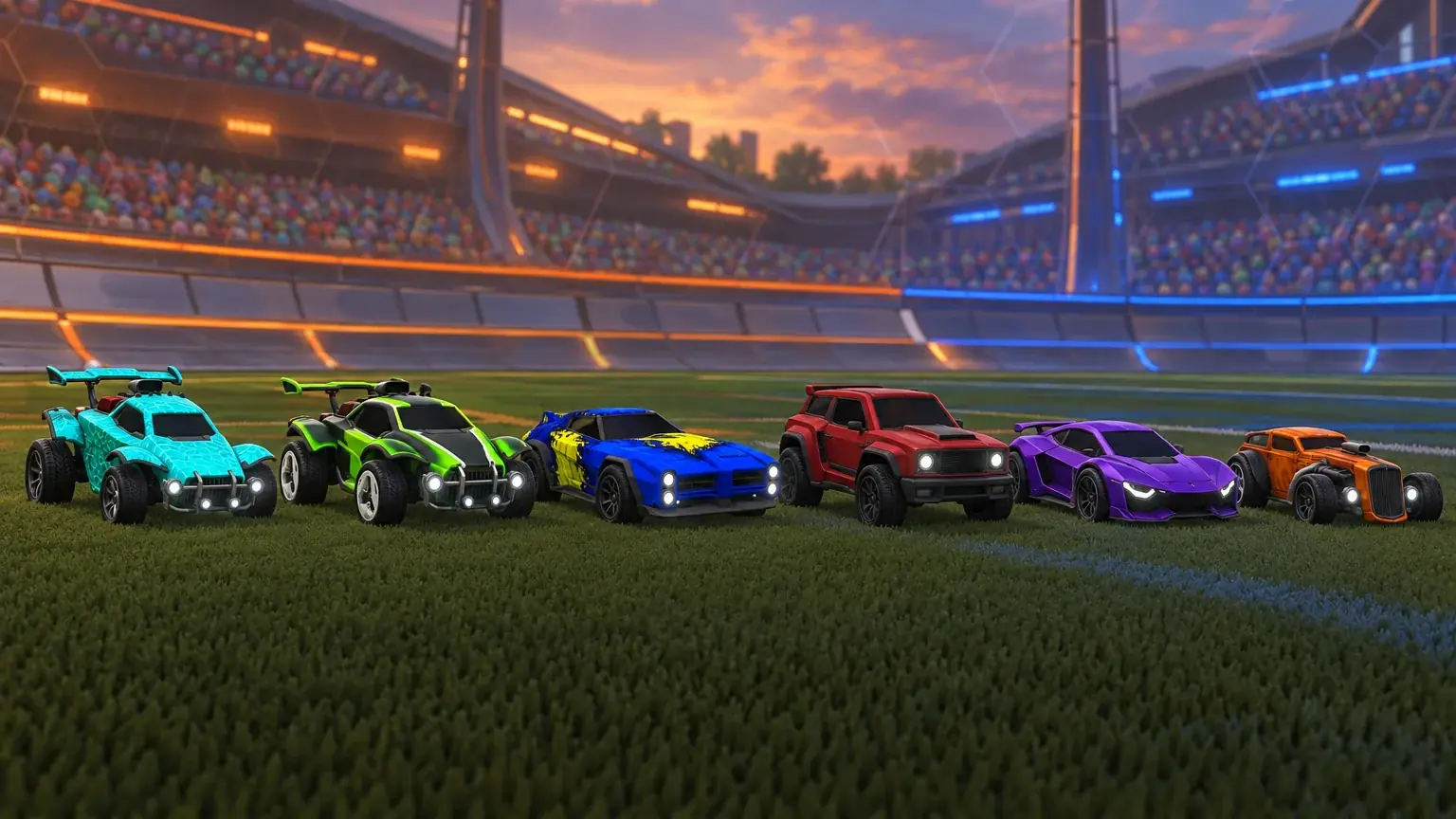 Row of six different Rocket League cars parked on grass before a glowing stadium at dusk.