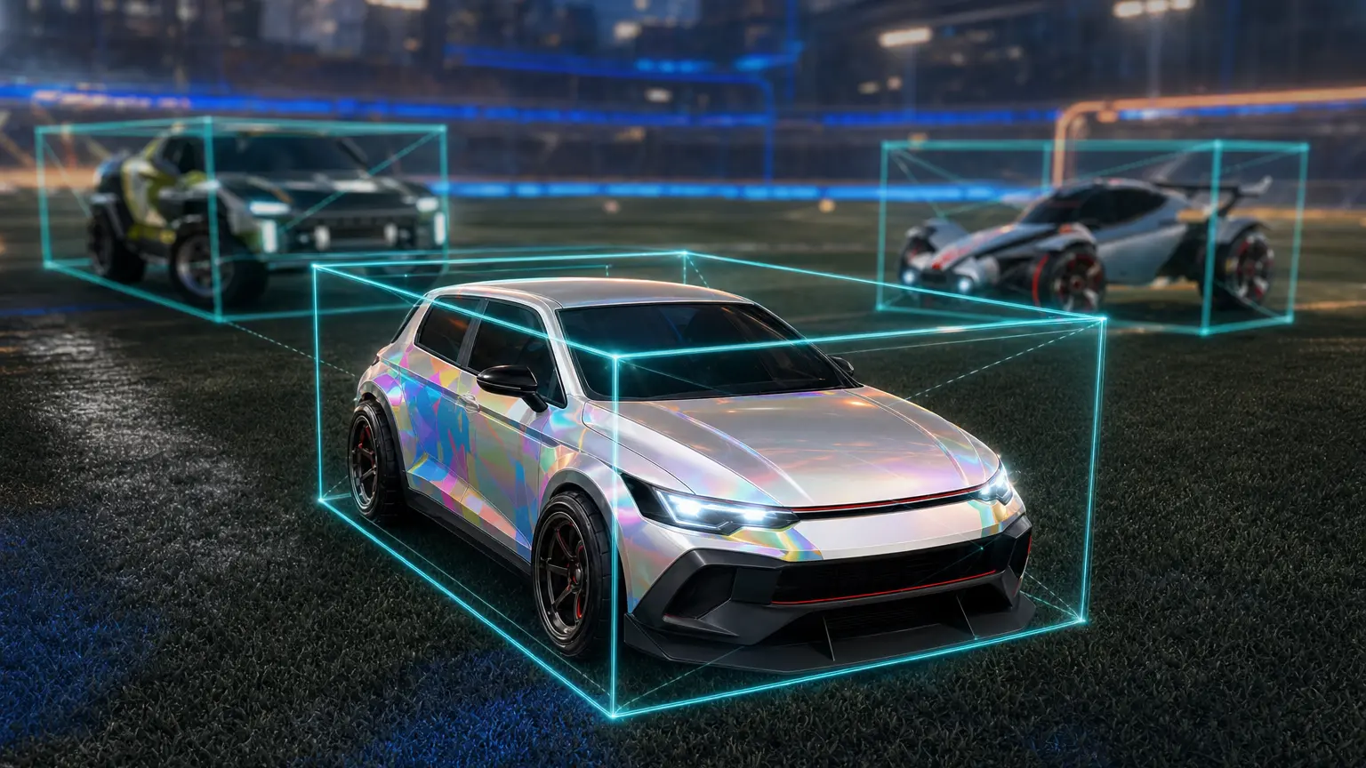 Rocket League car on the pitch with its hitbox outlined