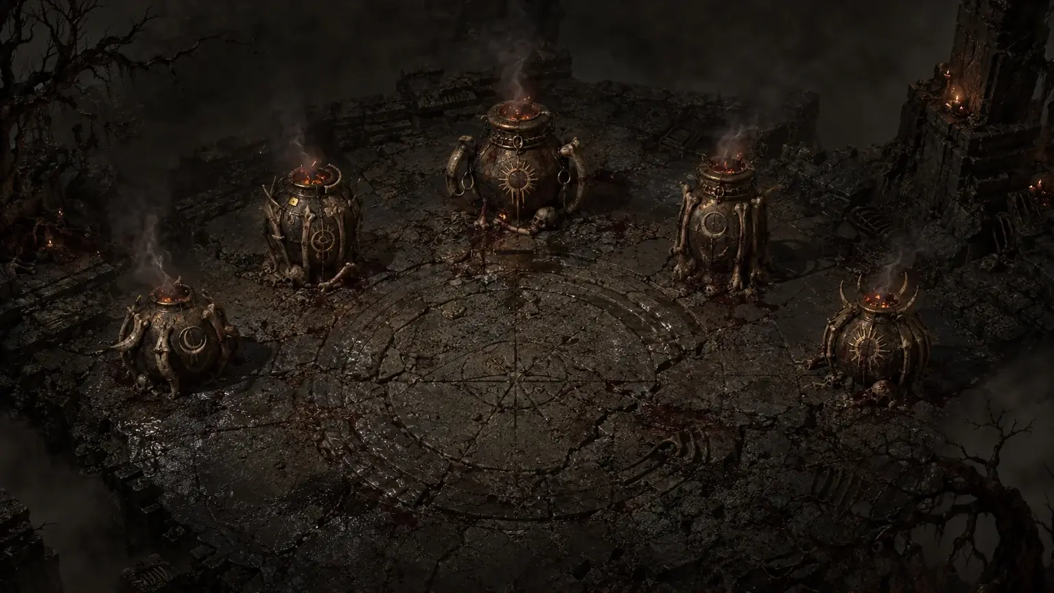 Five carved urns stand in an arc on cracked stone lit by faint ember glow.