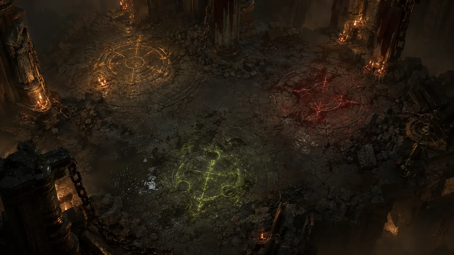 Three glowing ritual sigils in different colors are scattered across a fogged stone floor.