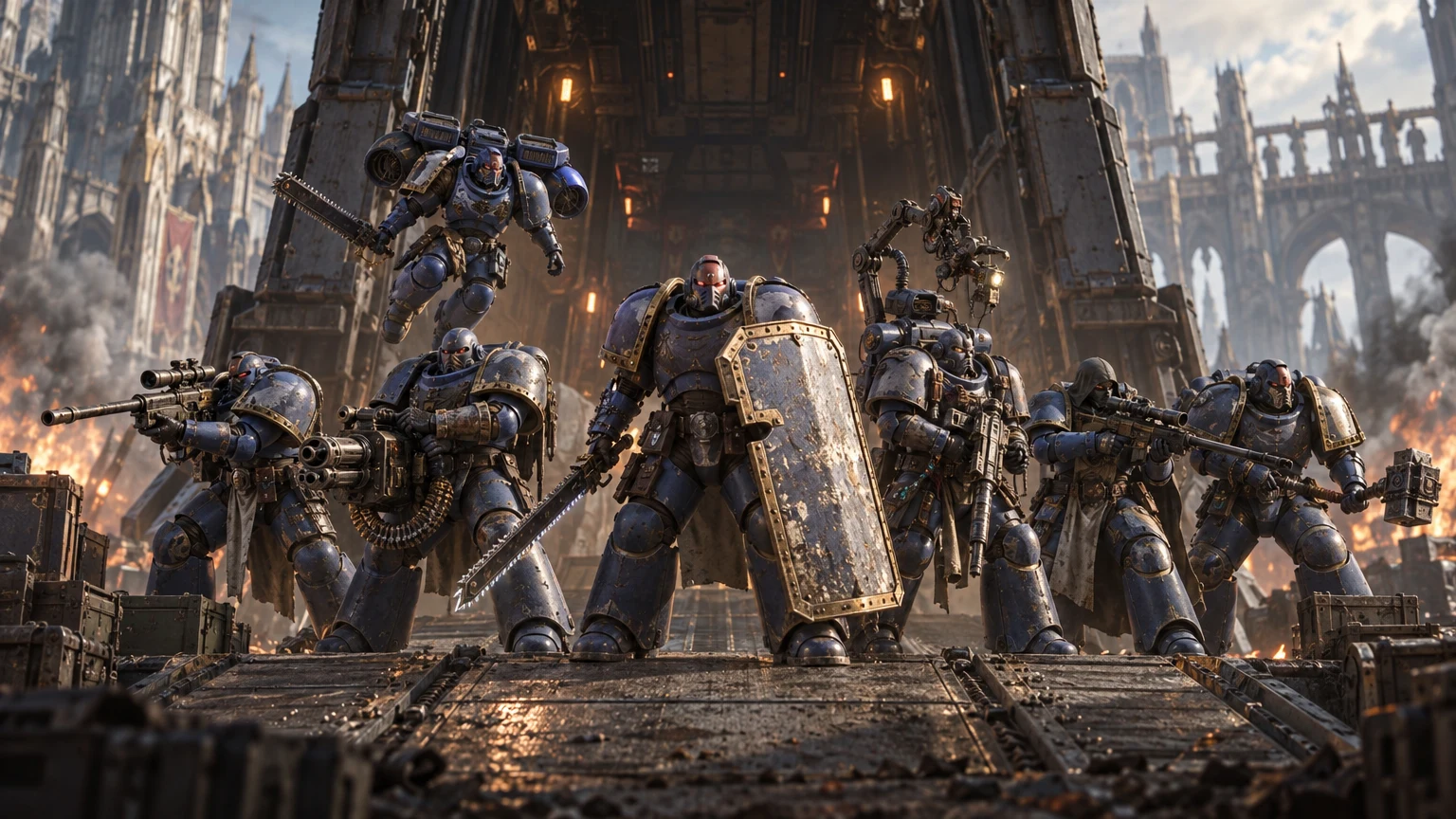 Space Marine 2 — seven Operations classes lined up in a drop-ship hangar