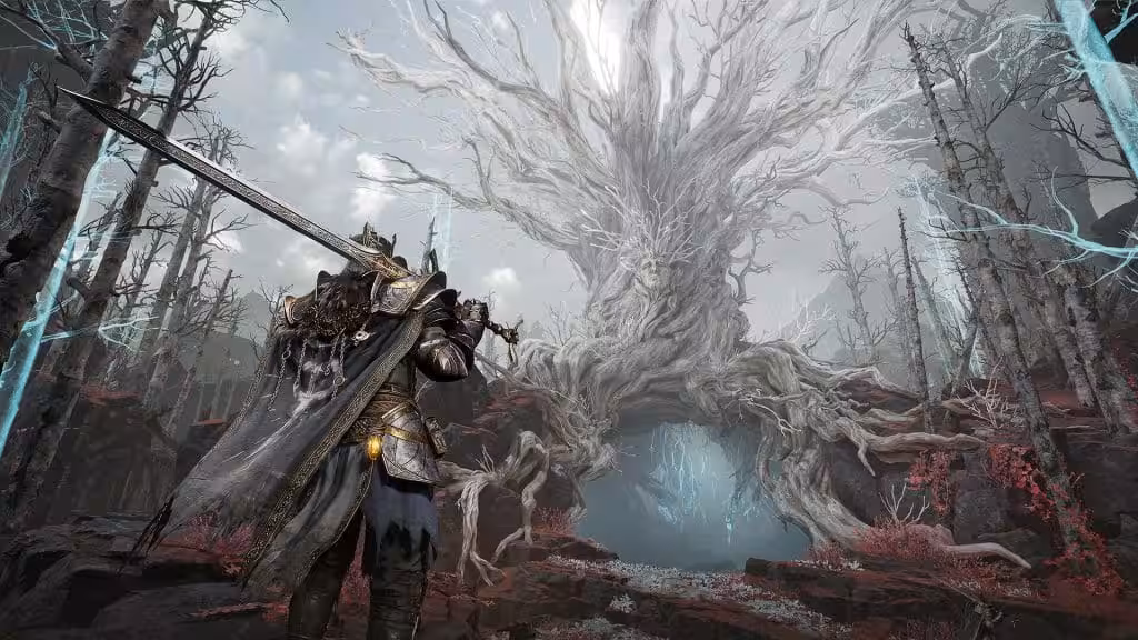 An armored Gyldhunter holding a sword before a giant white tree in Mistfall Hunter.
