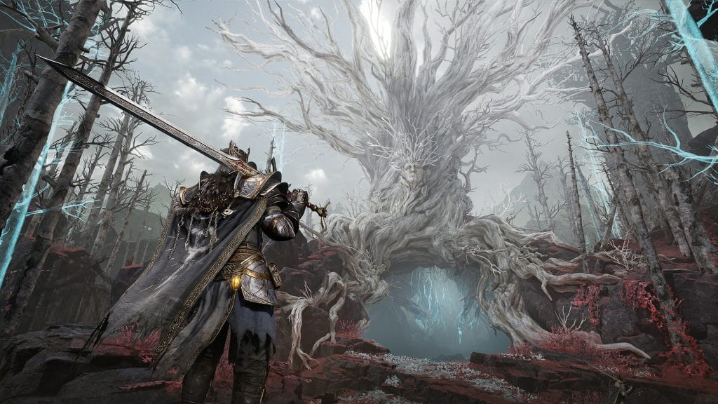 An armored Gyldhunter holding a sword before a giant white tree in Mistfall Hunter.