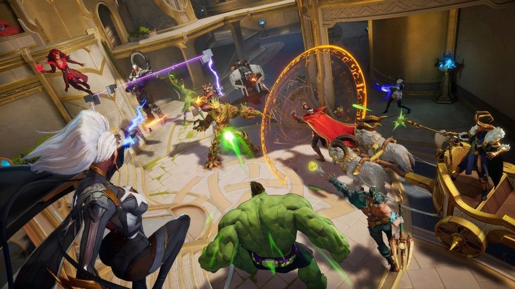 Storm overlooks a Marvel Rivals battle involving Hulk, Groot, Doctor Strange and other heroes in Yggsgard.