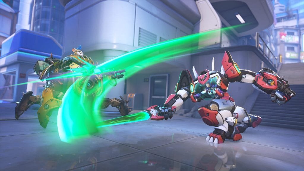 Wrecking Ball fires at a MEKA pilot during an Overwatch battle.