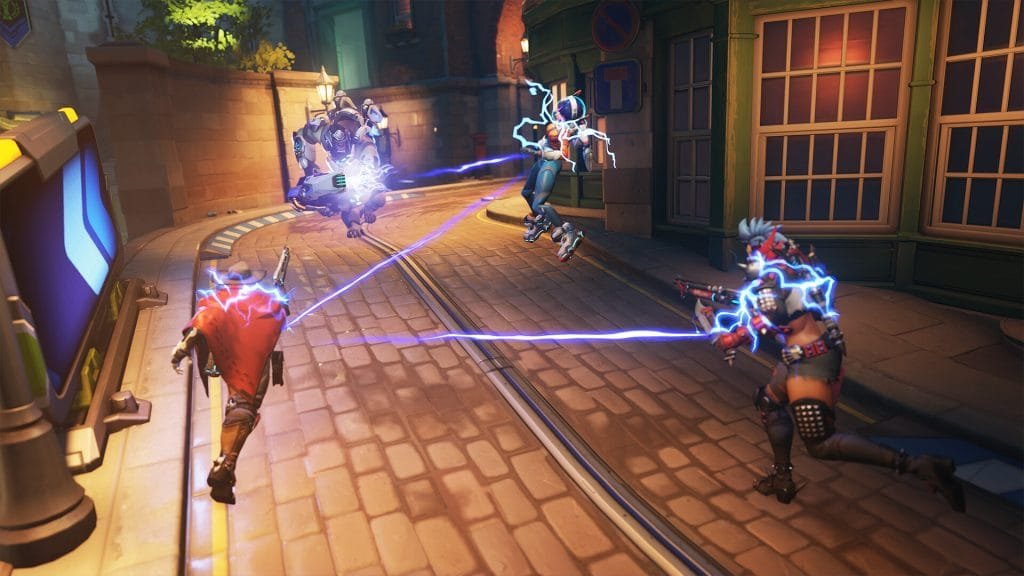 Overwatch rank boosting — heroes pushing through a Busan street