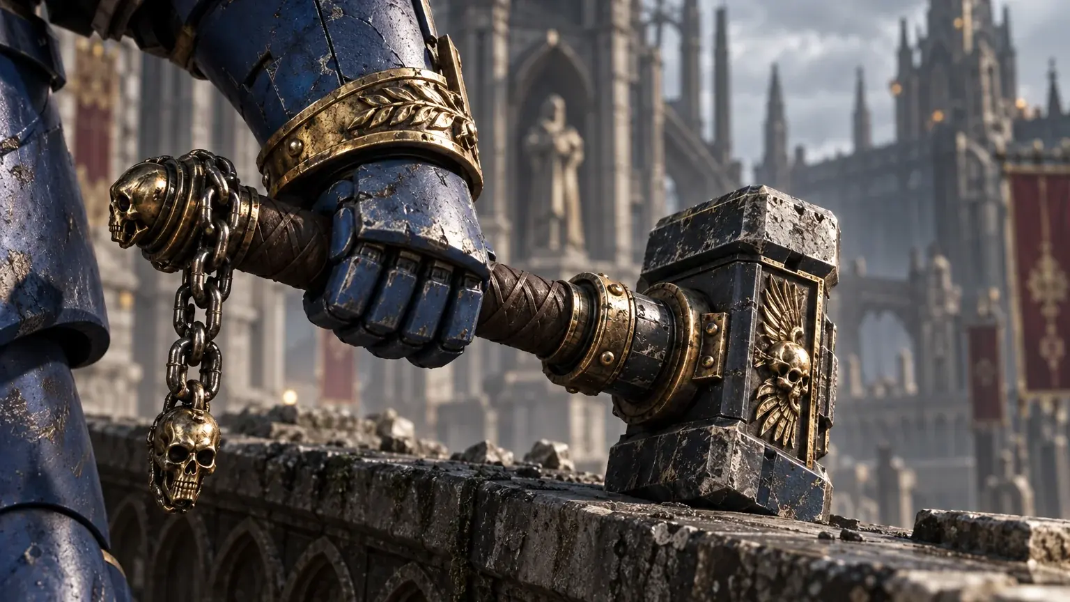 A gauntleted hand holds a heavy one-handed hammer against a stone ledge.