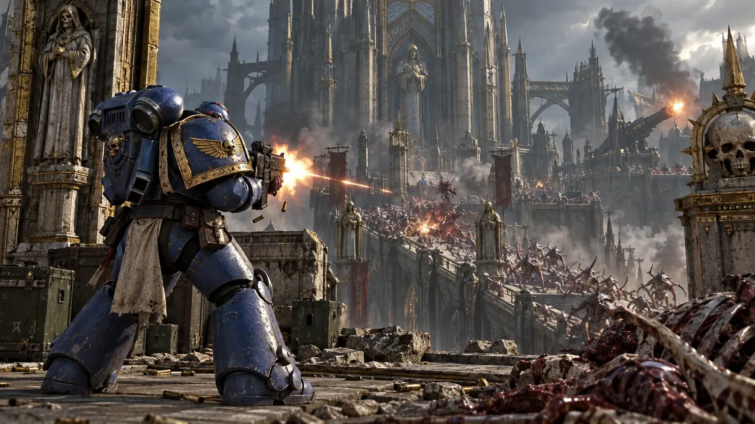 A Space Marine in blue power armour firing a bolt rifle at an oncoming Tyranid swarm among gothic ruins.