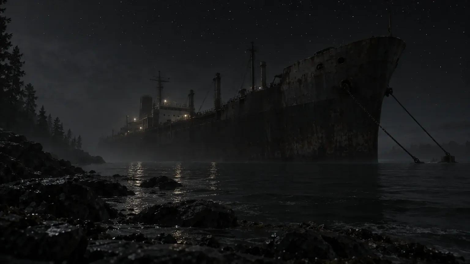 A rusted ship anchored offshore at night under a starry sky.