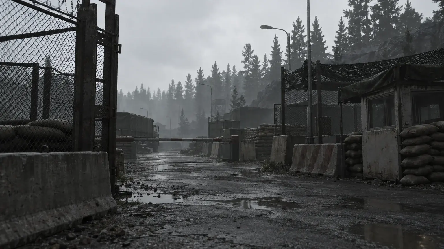 An empty foggy pathway lined with sandbags and chain-link fencing leading toward a distant tree line.
