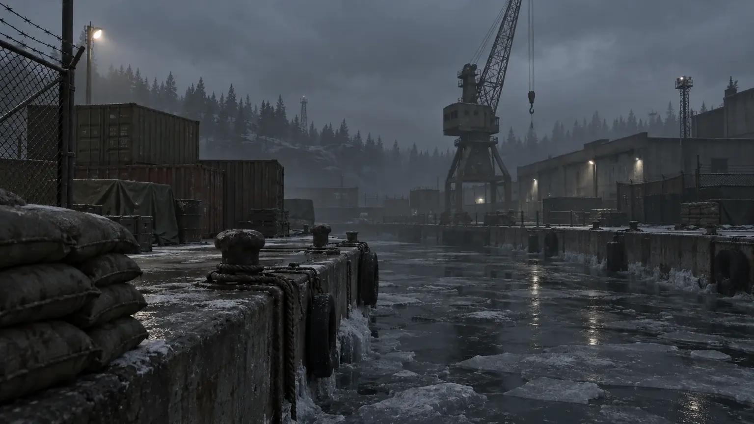 A frozen industrial dockyard with rusted containers and icy concrete under an overcast sky.