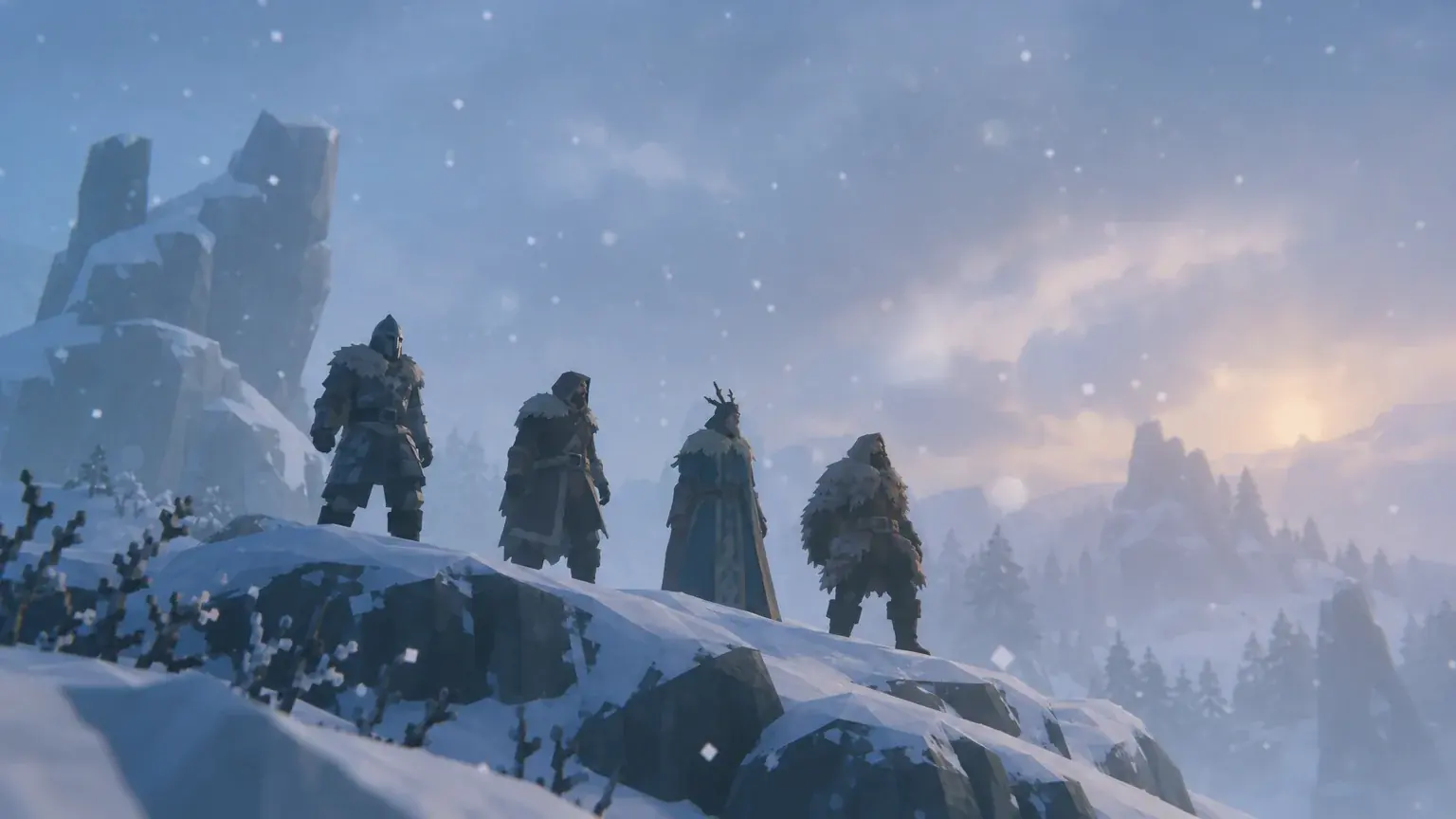 Four differently armoured figures stand together in a snowy landscape.