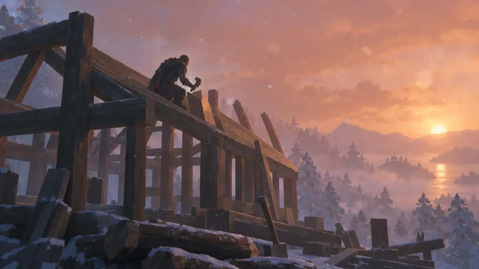A Viking builds a wooden structure with a hammer in a snowy dusk setting.
