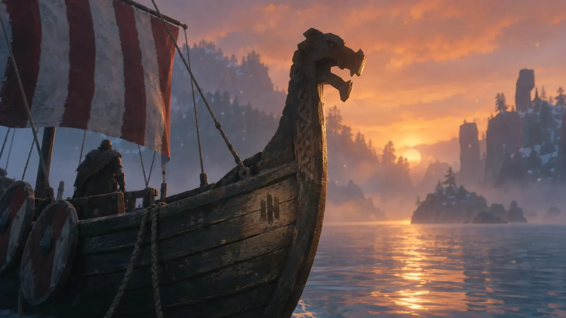 A Viking longship moored in a snowy fjord at dusk, its sail furled, mist over the water.