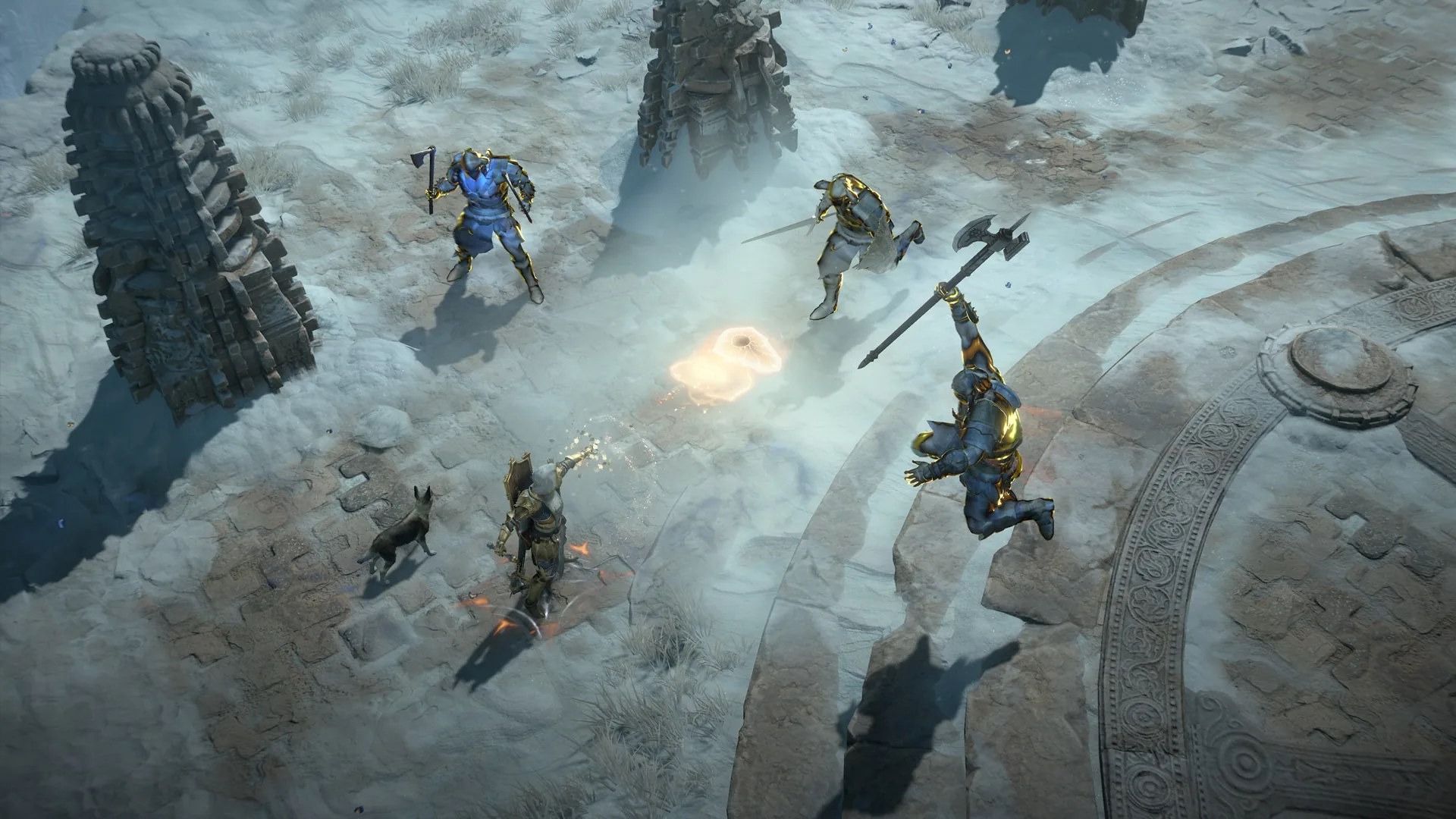 Diablo 4 characters fighting monsters on a snowy overworld plateau