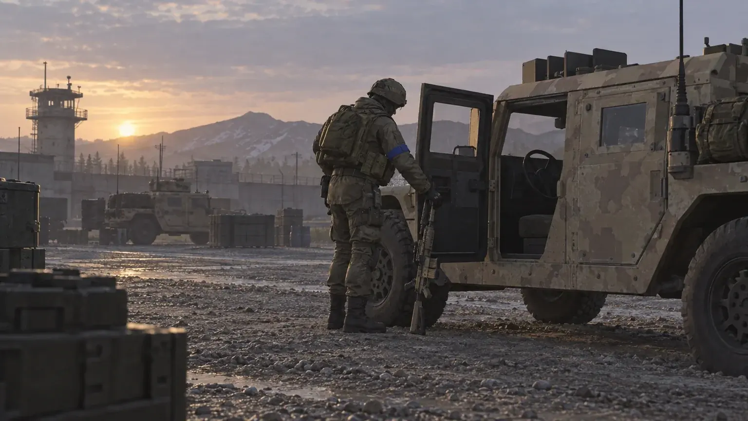 A soldier rests a desert-patterned rifle against a matching Humvee in a dusty yard.