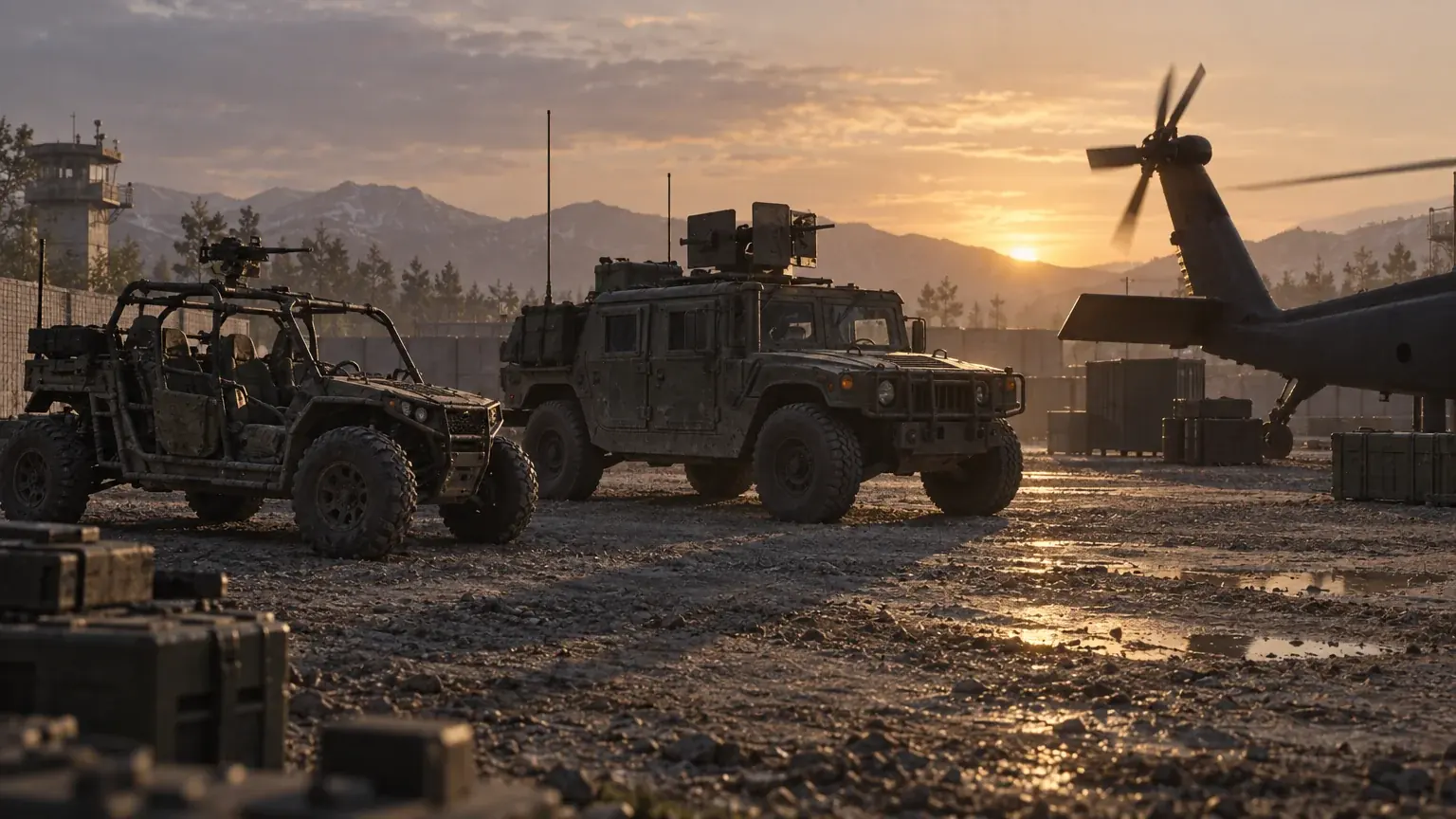 Three military vehicles of different sizes stand in a dim yard at dusk.