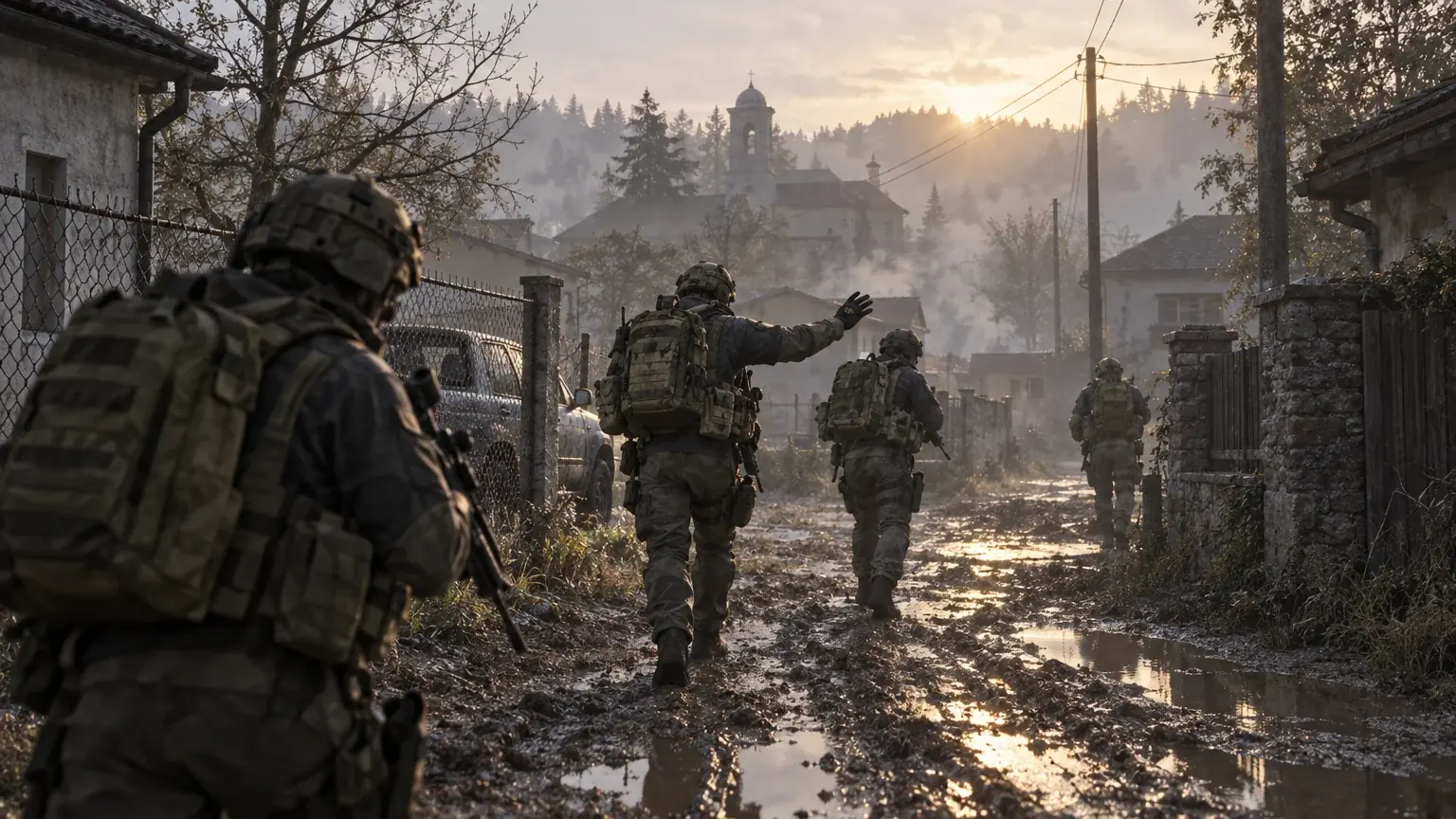 Soldiers move cautiously through a misty rural village street at dawn.
