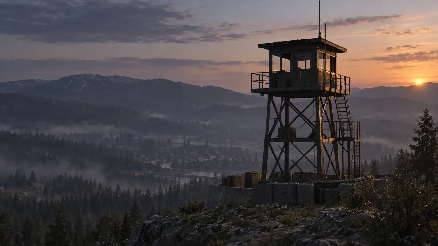 An empty watchtower stands on a ridge overlooking a hazy valley at dusk.