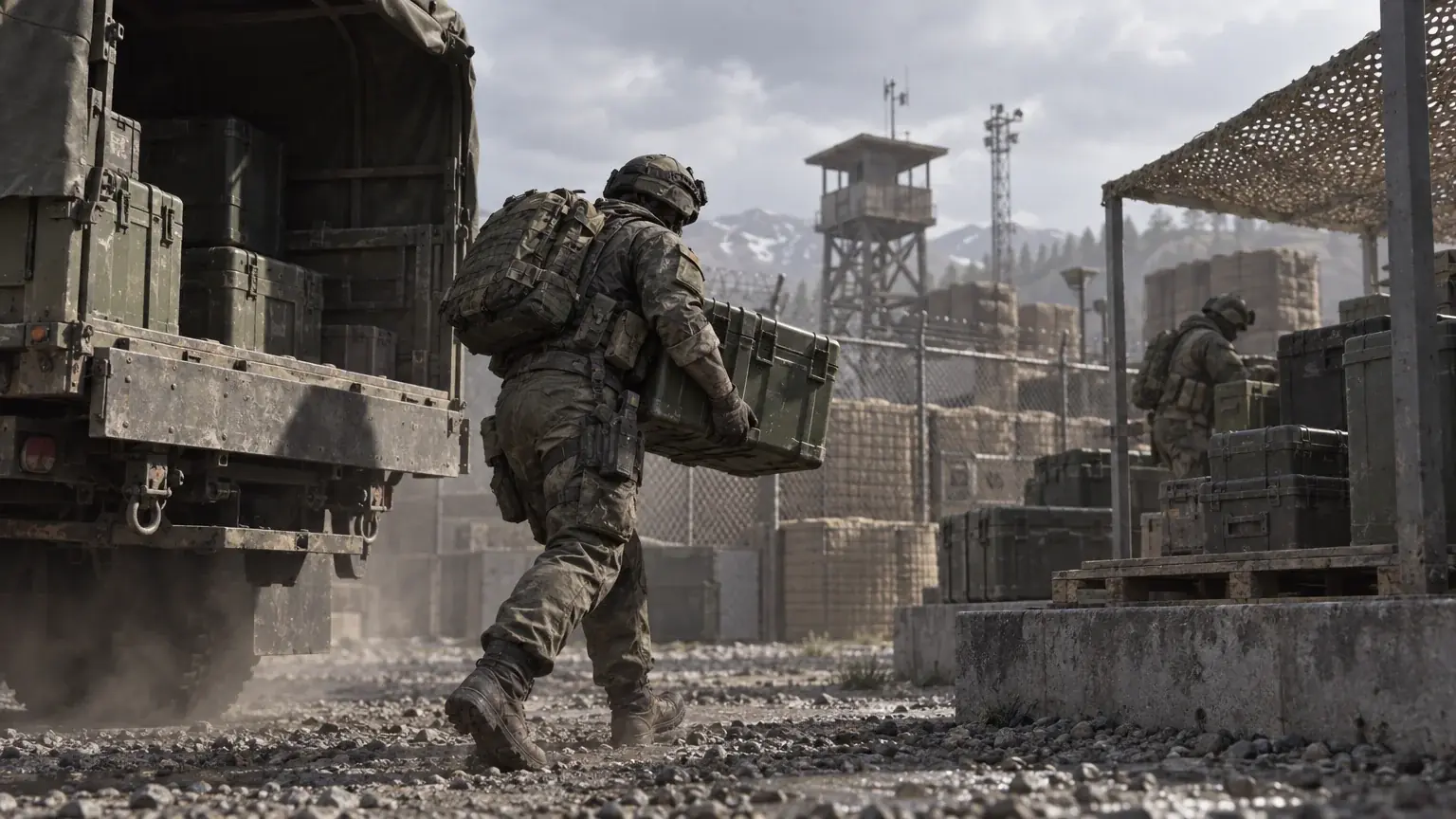 A soldier carries a supply canister from a truck toward a fortified storage platform.