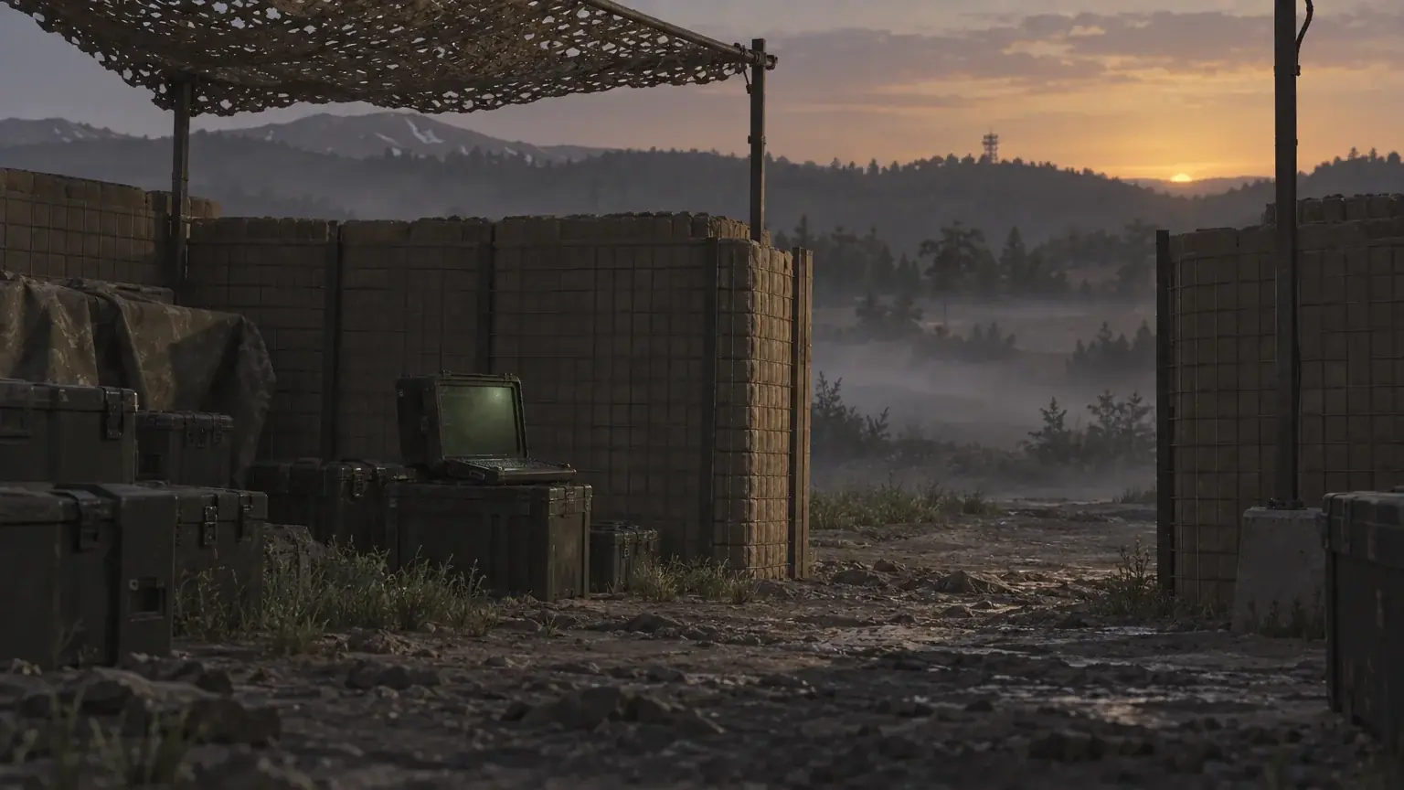 An unattended terminal console stands inside a barrier enclosure at dusk with no one guarding it.