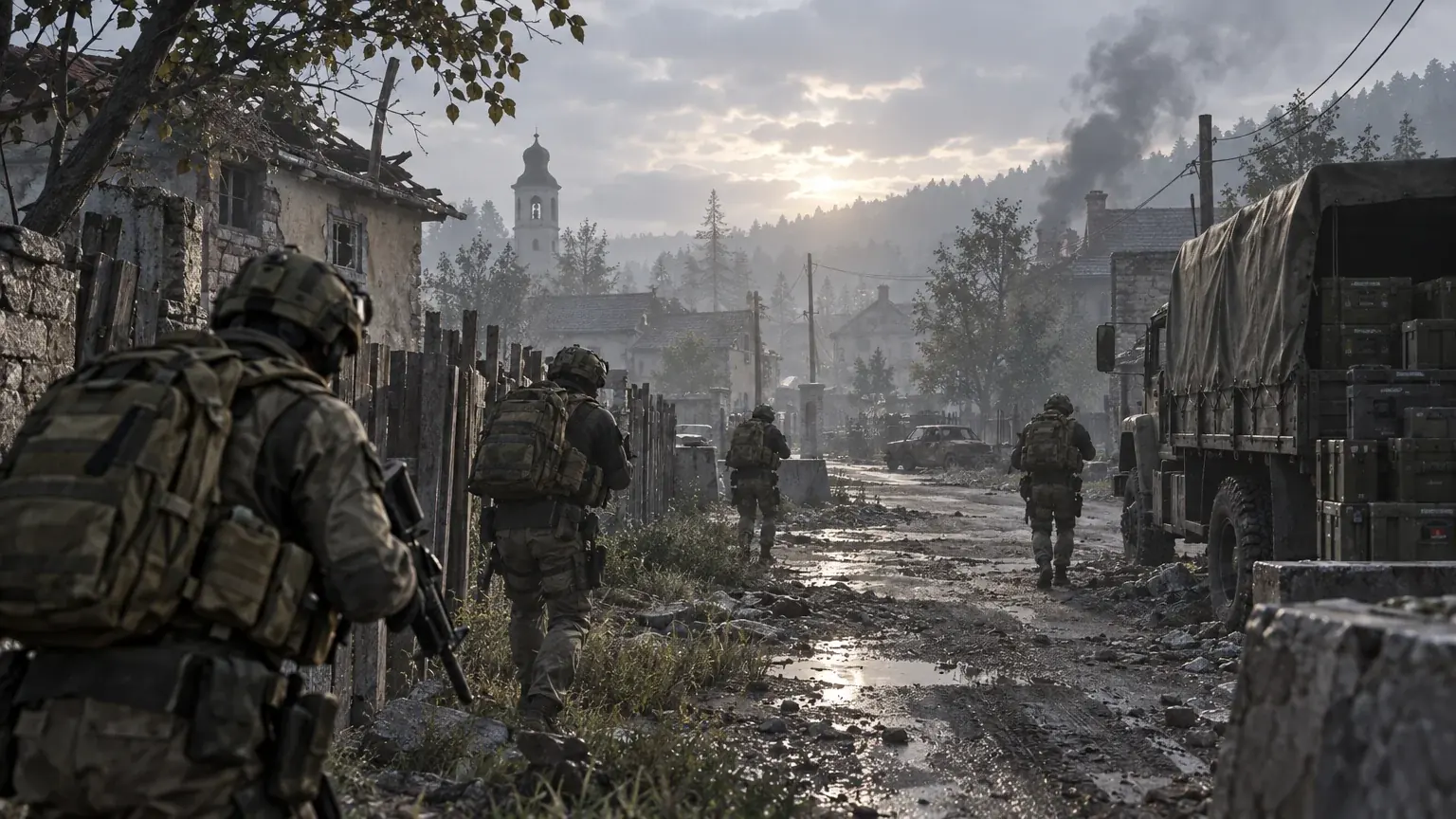 A squad of soldiers moves cautiously through a foggy village street at dawn.