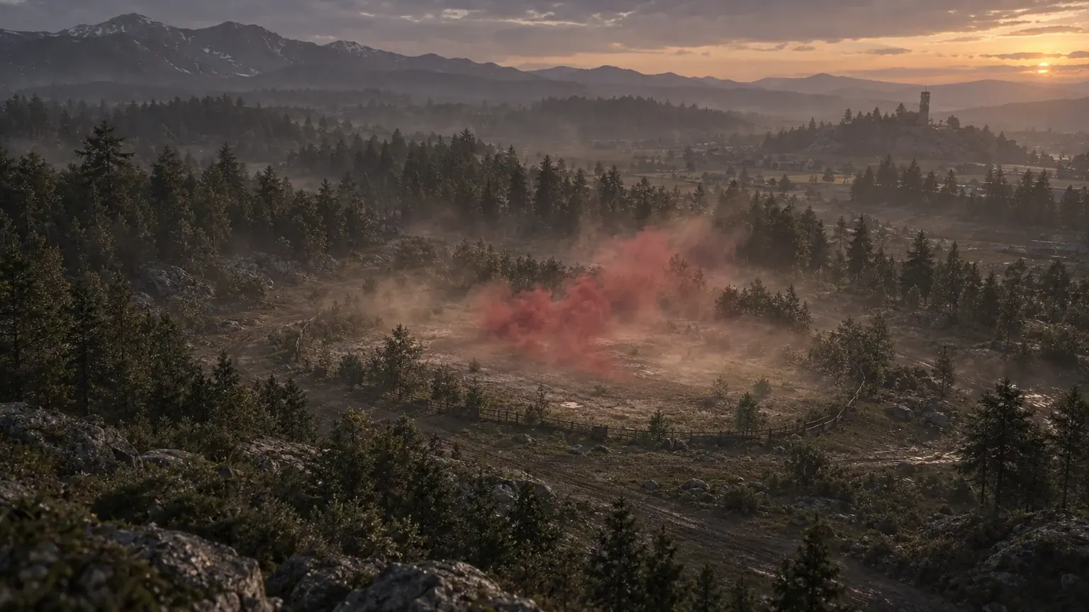 A hazy field at dusk with a smaller smoke-marked clearing inside a larger open area.