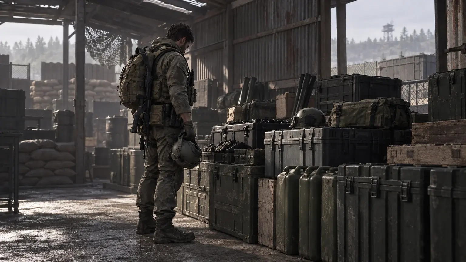 A soldier stands in a supply depot looking over stacked crates and fuel cans.