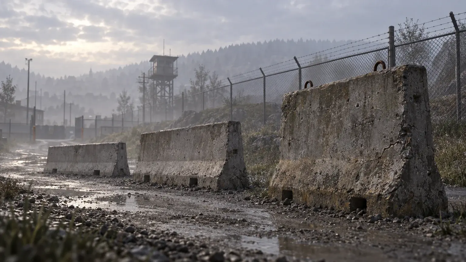 Three concrete barriers of increasing height stand along a foggy gravel road.