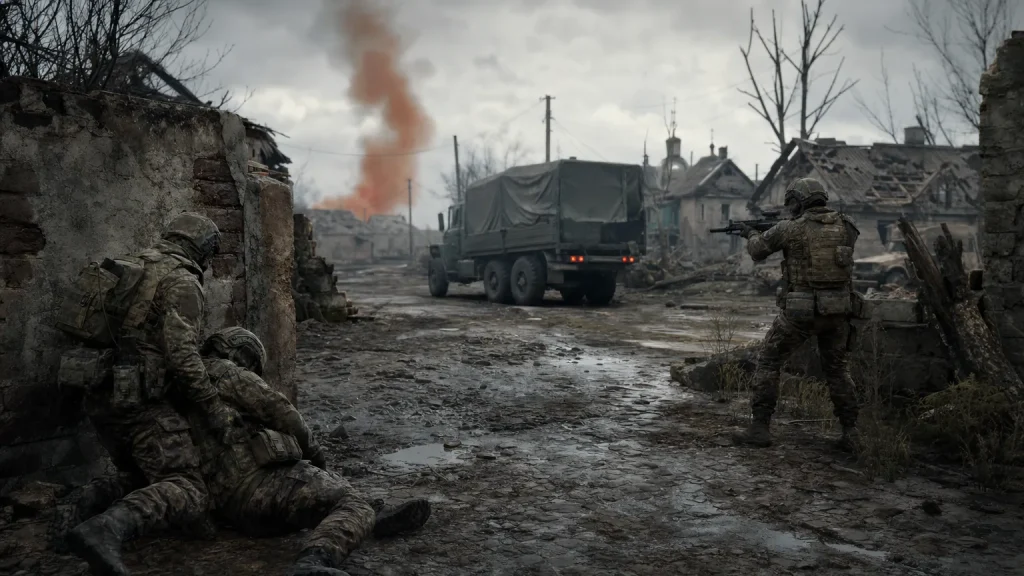 WARDOGS squad reviving a teammate near a transport truck in a contested village