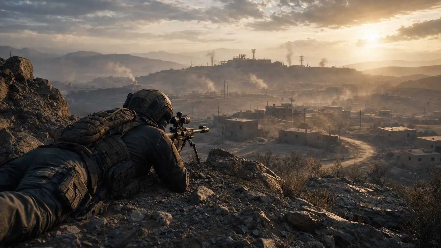 A recon sniper prone on a rocky ridge overlooking a village at dawn