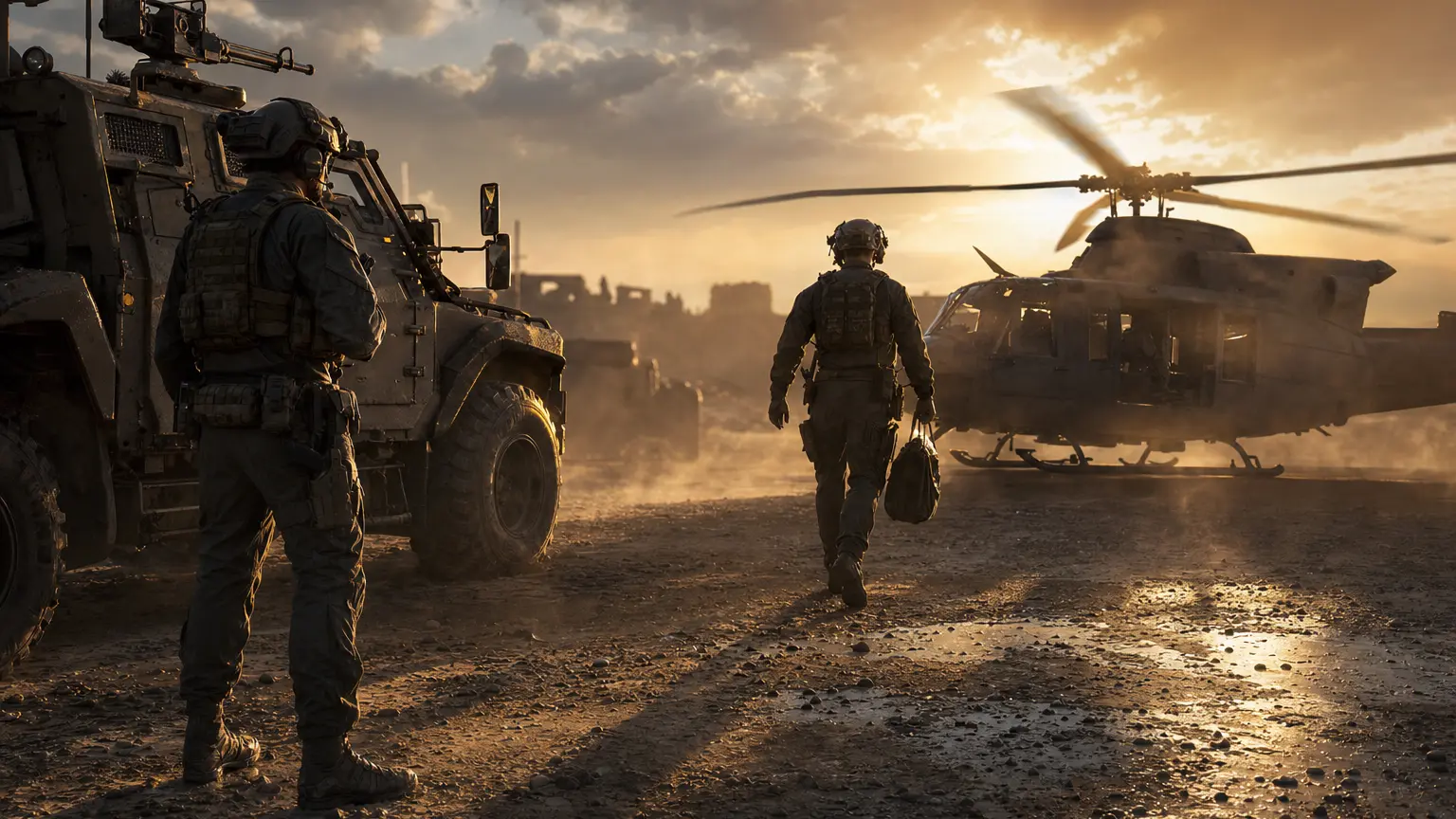 A driver beside an armoured vehicle and a pilot walking to a helicopter at sunrise
