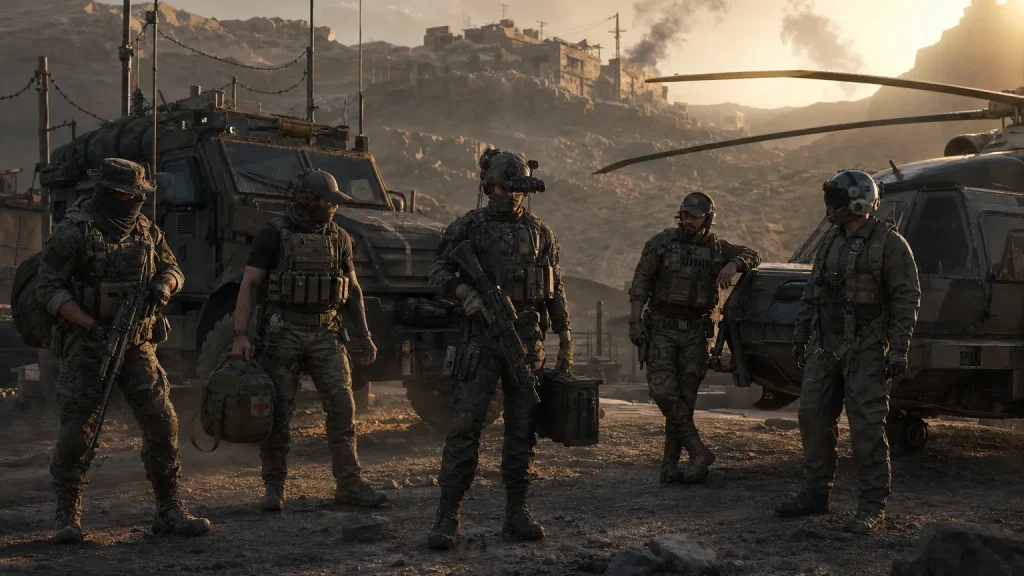 A WARDOGS squad of recon, medic, support, driver and pilot at a desert forward base