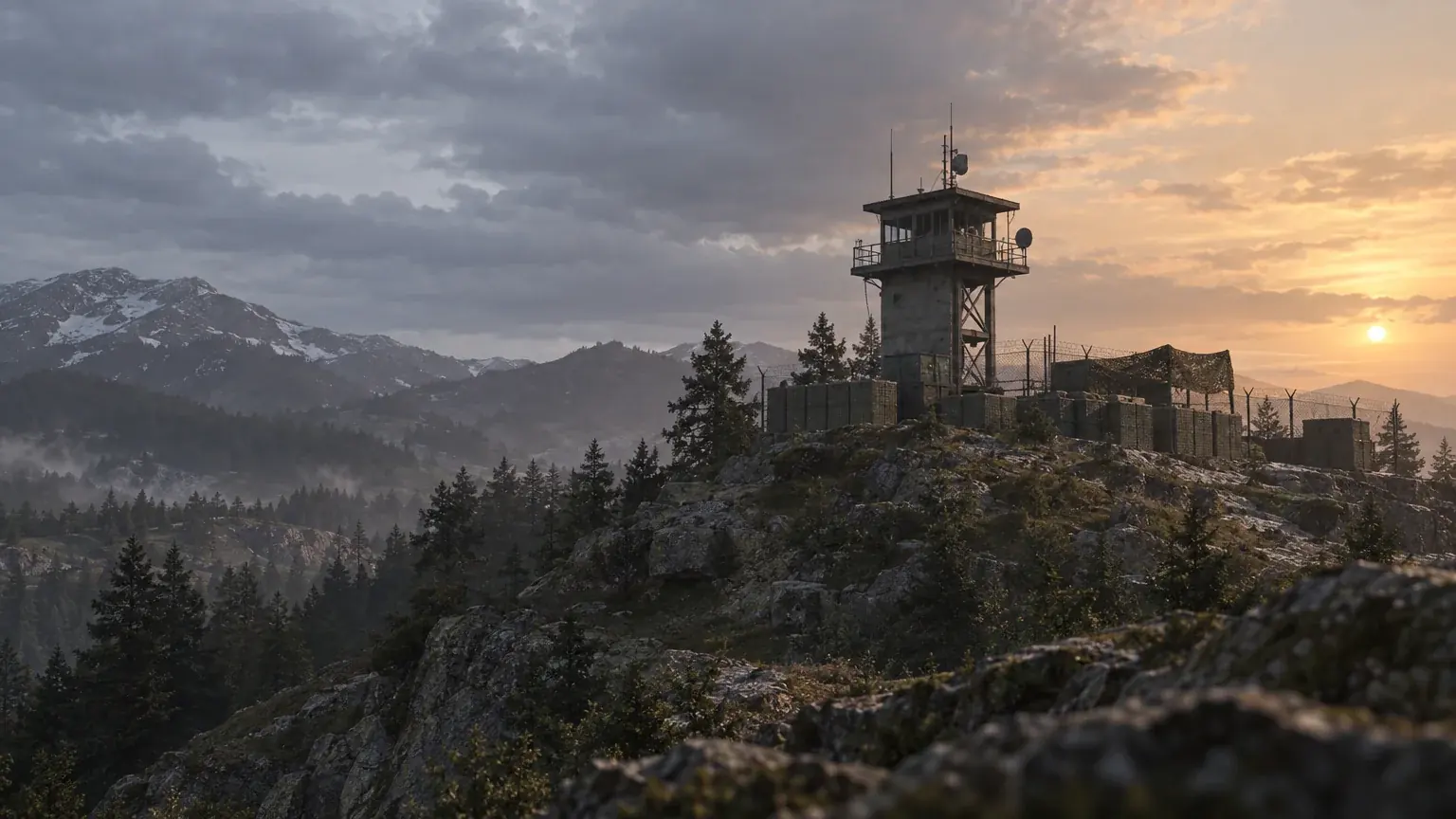 A watchtower on a ridge lit by two different tones of natural light across one sky.