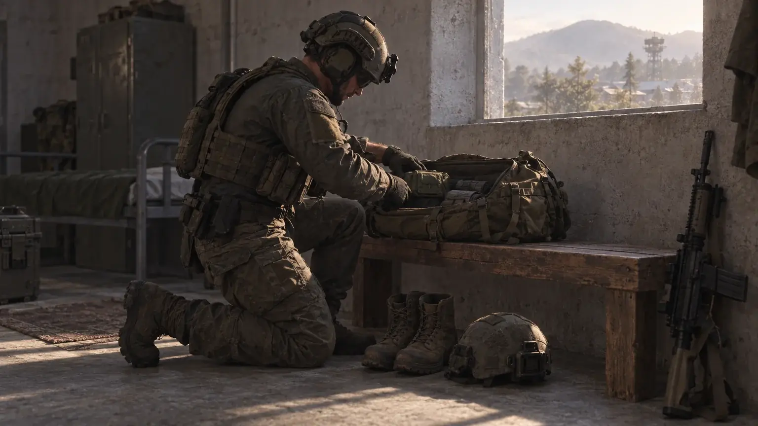 A soldier kneels beside an open backpack on a bench inside a bare concrete room at dawn.