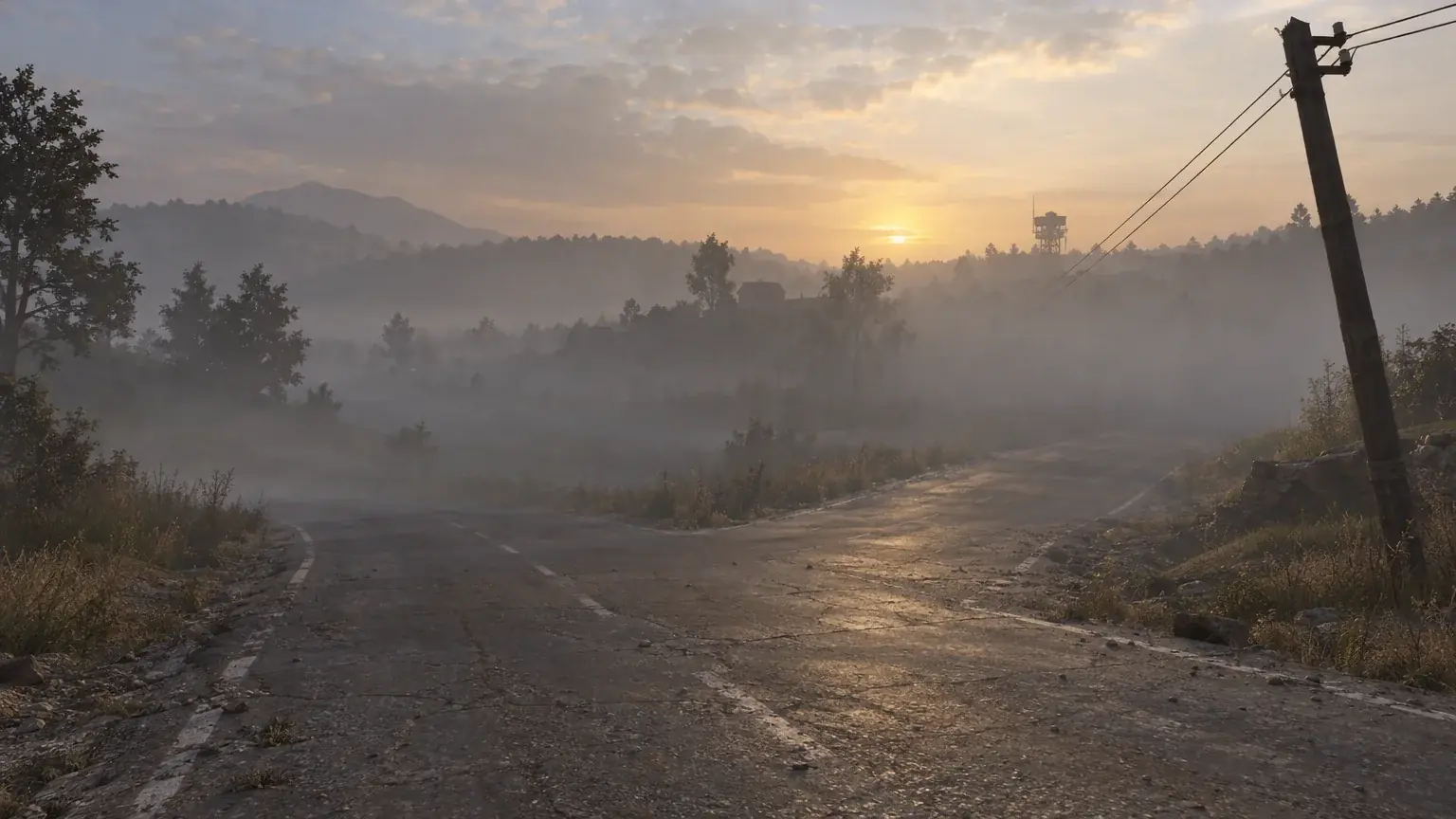 An empty rural crossroad fading into fog at dusk, splitting into two indistinct paths.